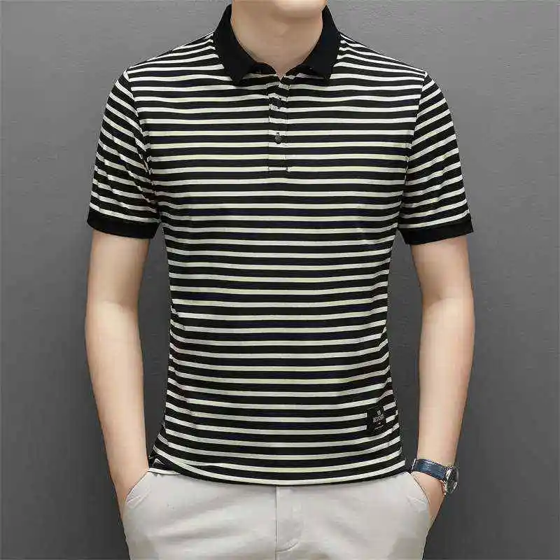 

ortsved Striped irt Men's Summer New Busin Cotton Pure ort Sve Flip Collar Warm Modern Sle Ultra ort Length