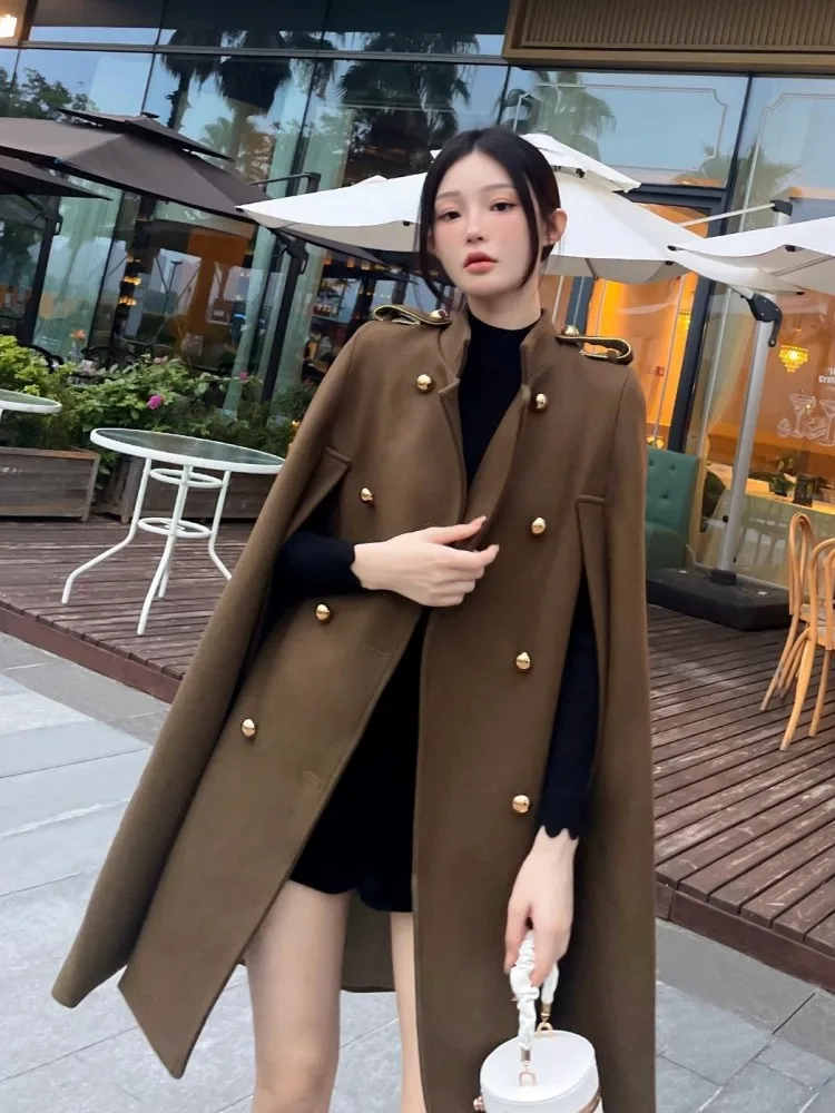 Autumn Winter Women Cloak Overcoat Stand Collar Double Breasted Loose Fit Middle Long Jacket Vintage Office Ladies Woolen Coat