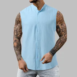 Leisure Men's Cotton Linen Tank Tops 2023 Spring Summer Casual Solid Color Buttoned Stand-collar Sleeveless Vest Shirt Camisole