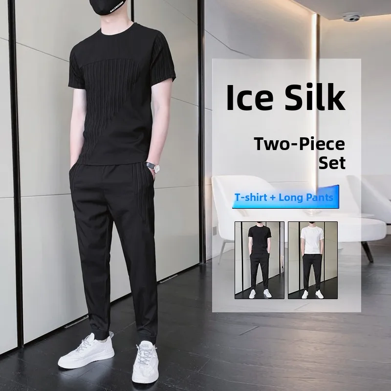 

Мужской летний комплект из двух предметов: футболка с коротким рукавом и шорты из ледяного шелка, повседневный, легкий, модный, молодежный, приталенный крой, круглый вырез горловины