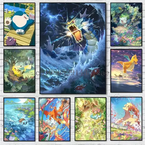 포켓몬 애니메이션 만화 캔버스 그림, 피카츄, 리자몽, 불바사우르 포스터 인쇄 벽화 하이 퀄리티, 그림 벽 예술, 홈 데코