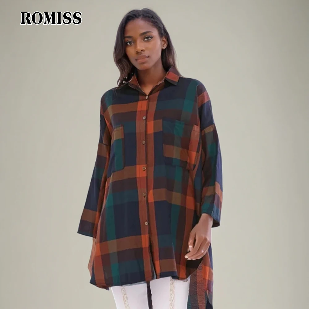 

ROMISS Plaid Casual Blouses For Women Lapel Long Sleeve Spliced Single Breasted Minimalist Shirts Female Fashion Style