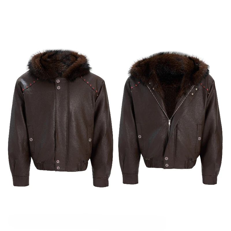 Men's 2025 Autumn Winter New Fleece-Lined Thickened Faux Leather Jacket Hoodies Faux Fur Collar Tops Handsome Loose Parkas Coats