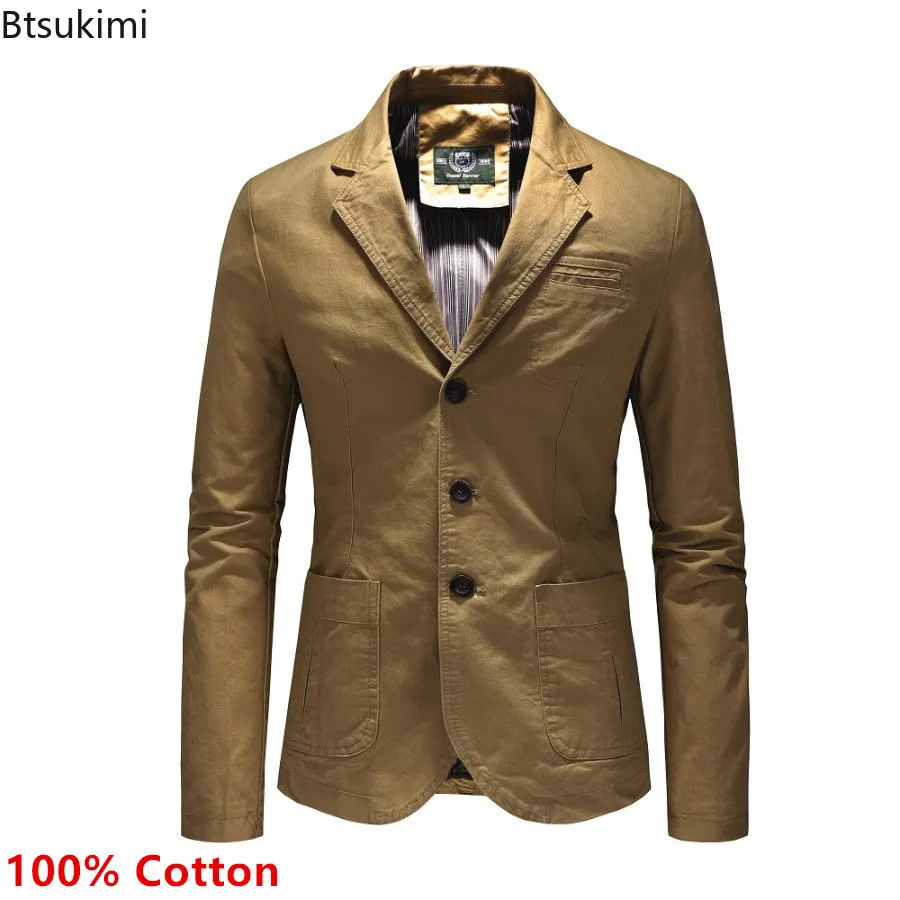 

Spring Autumn Men's Blazer Jacket High-quality Business Casual Slim Jacket Fashion Lapel Multi-pocket Man Pure Cotton Suit Coats