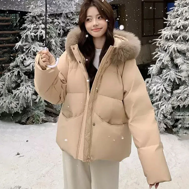 Winter Short Cotton Coat With Faux Fur Hood Women's Long Sleeved Loose Thick Outerwaer Korean Style Warm Quilted Jacket