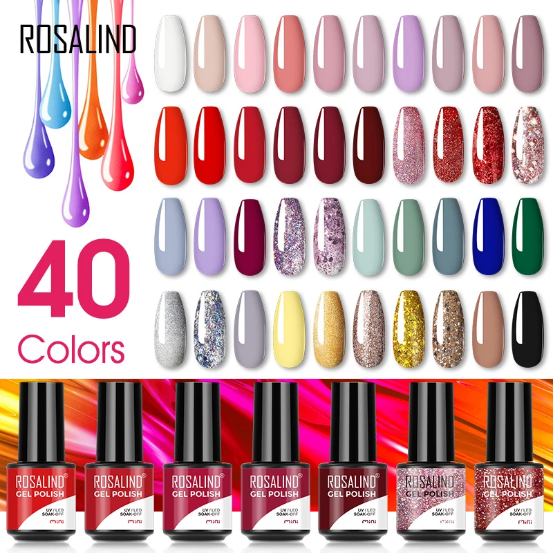 ROSALIND Pure Color Gel Nail Polish Semi Permanent Varnishes Nail Art Base Top Coat Need UV Led Lamp Shiny Nail Gel Polish