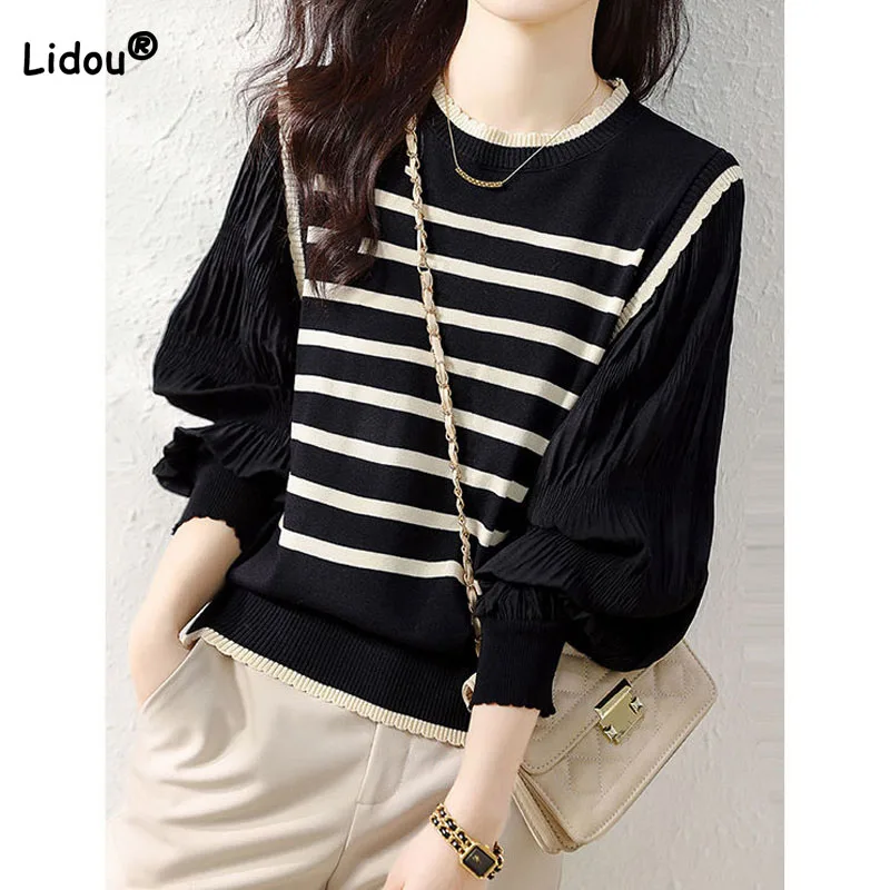 

Lady Temperament Elegant Lantern Sleeve Fake Two Pieces T-shirt Fashion Korean Striped Knitted Patchwork Tops Women's Clothing