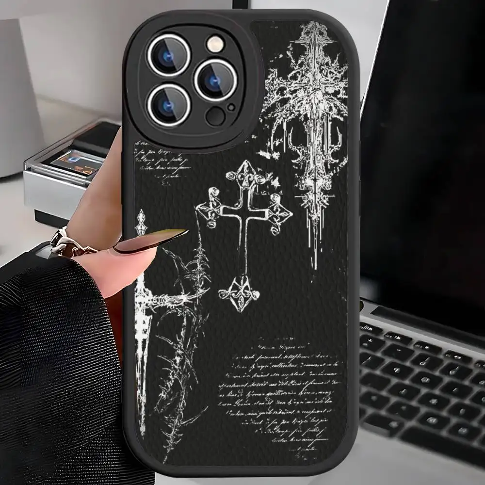 حافظة لهاتف آيفون 16 15 14 11 12 13 Pro Max Plus من الجلد الخلفي على الطراز القوطي Cyber Sigil