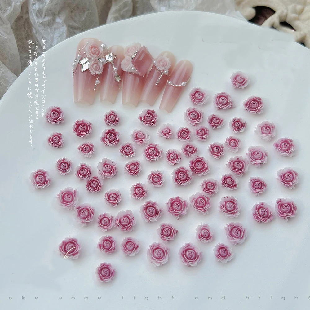 50Pcs 3D Pink Rose Nail Art Charms Japanese Kawaii Resin Camellia Flower Nail Rhinestones Exquisite Flower DIY Nail Accessories