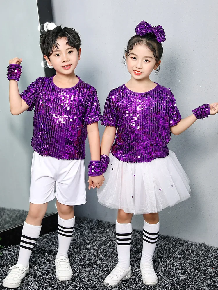 Kids Street Dance Wear Sequined Purple Hip Hop Jazz Costumes Kindergarten Boys Girls Stage Performance Suit Festival Clothing