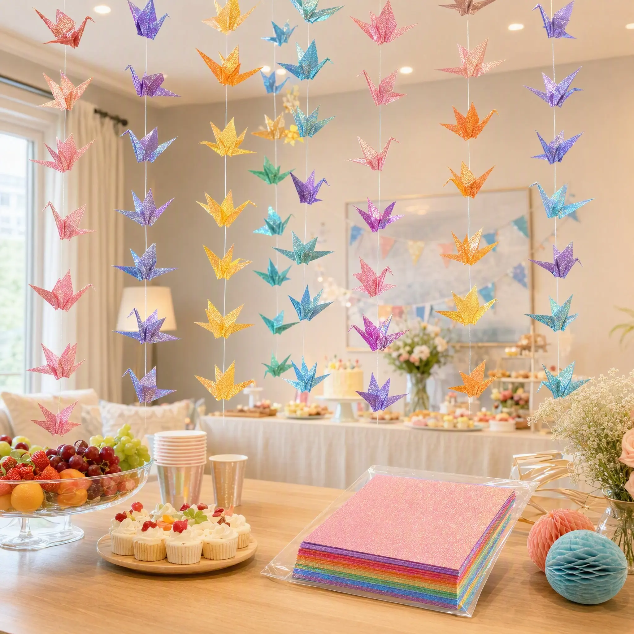 50Pcs Iridescent Paper Sheets Shiny Colorful Folding Craft Paper for DIY Origami Crane Cutting Scrapbooking Party Decor School