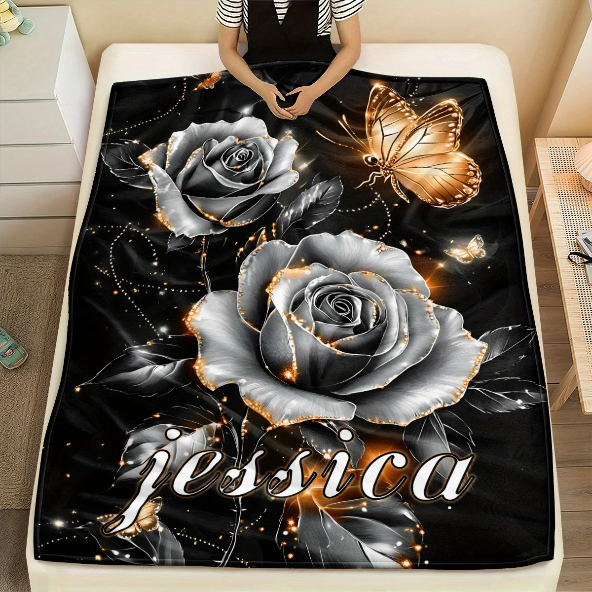 Customized Name Ornate Silver Rose Flannel Throw Blanket - Lightweight Home Bedding Suitable for Couch, Sofa, Travel, Camping