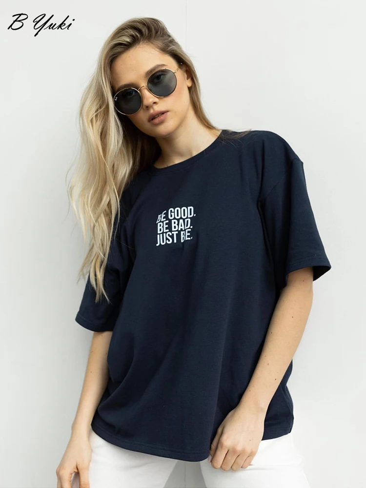 Blessyuki Summer Casual High Street T Shirts Women 2023 Loose Cotton Letter Printed Tees Oversized Soft Short Sleeve Female Tops