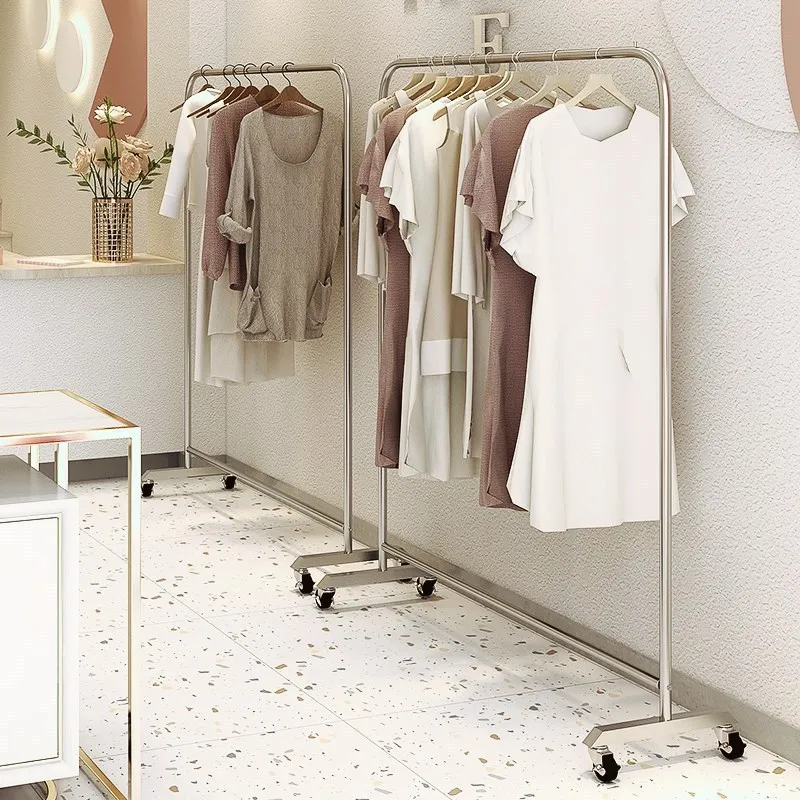 Live stream stainless steel clothing display rack women's clothing store floor-to-ceiling mobile hanger clothes Nakajima