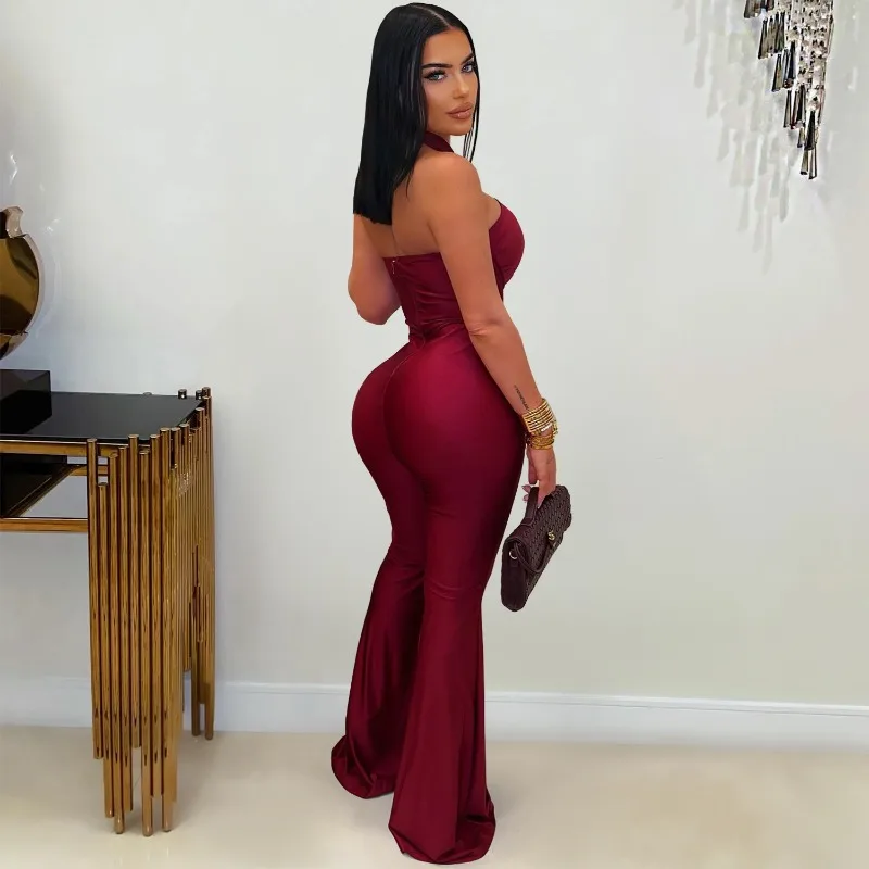 KEXU Fashion Women's Solid Color Halter Neck Wide Leg Jumpsuit Off Shoulder Sexy Cut Out Party Playsuit One Piece Suit Rompers