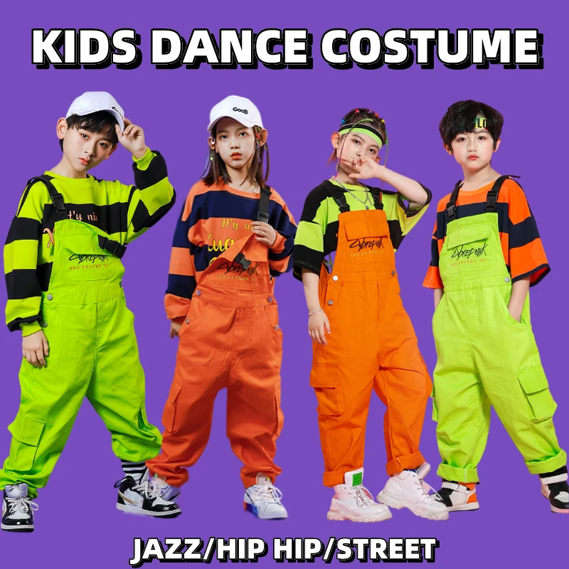 Crianças fluorescente verde superior macacão para crianças kpop roupas meninos jazz dance wear meninas legal hip hop trajes de dança outfit xs1376