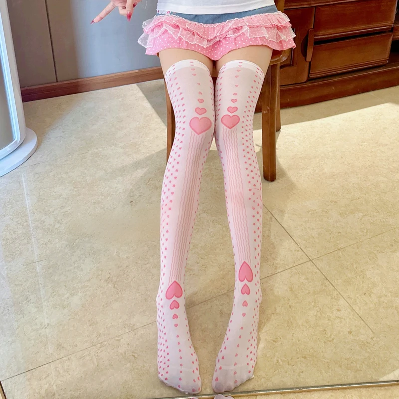 Wit Roze Hart Patroon Kawaii Harajuku Kousen Vrouwen Leuke Kousen Over Knie Hoge Sokken voor Meisje Zoete Fluwelen Lange Sokken