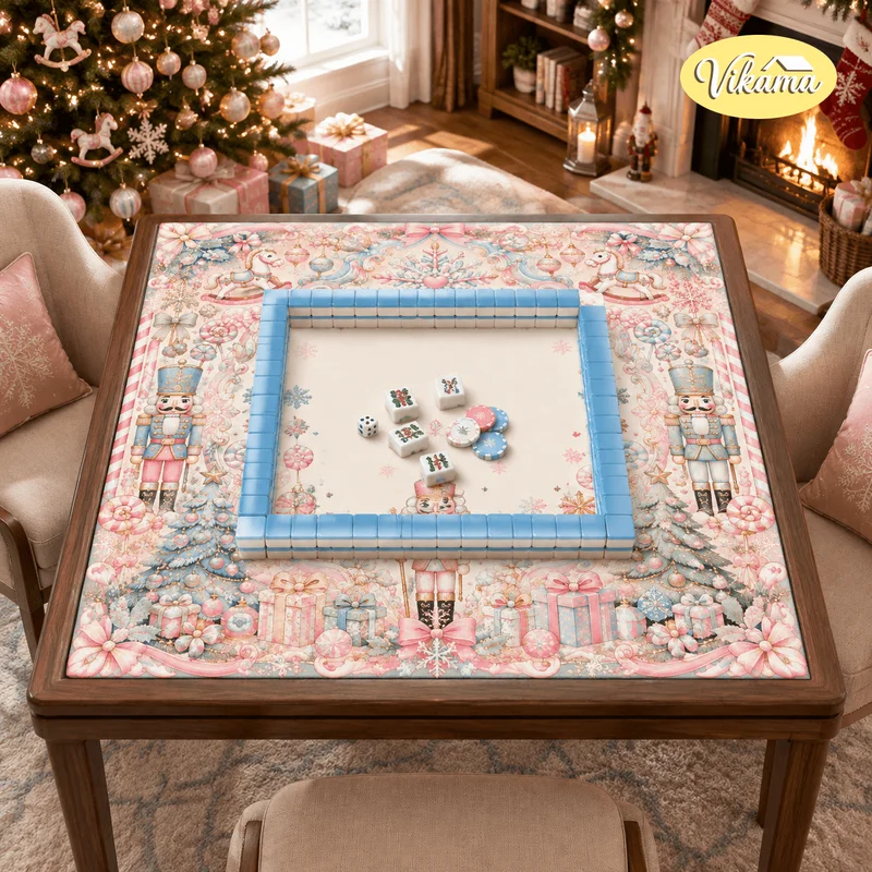 VIKAMA Christmas Carousel Nutcracker Mahjong Mat Non Slip Foldable Table Cover for Living Room Family Game Night Holiday Gift