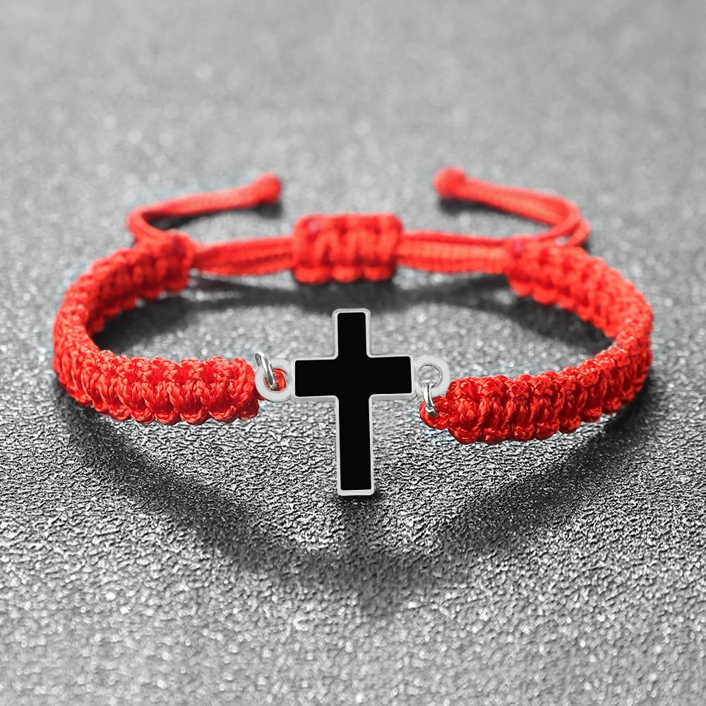 Jesus Cross Pendant Bracelet Vintage Black Red Braided Thread Bracelets Adjustable Yoga Bangle Prayer Jewelry Gift for Christian