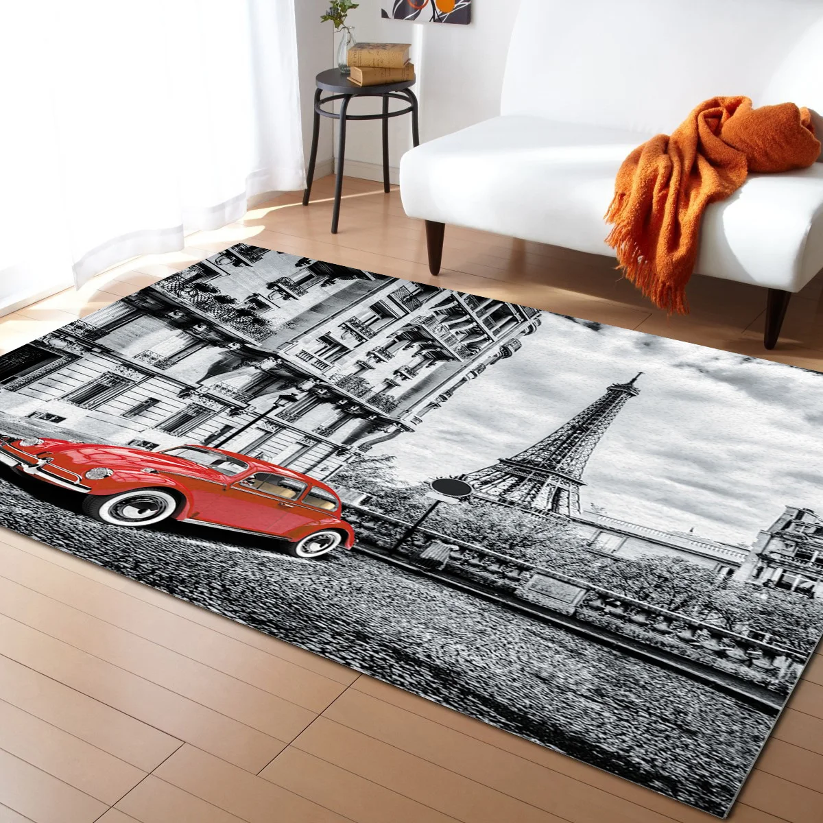 

Red Vintage Car Paris Tower Street Carpet Area Rug Children's Room Living Room Bedroom Large Rug Home Play Decoration Floor Mat