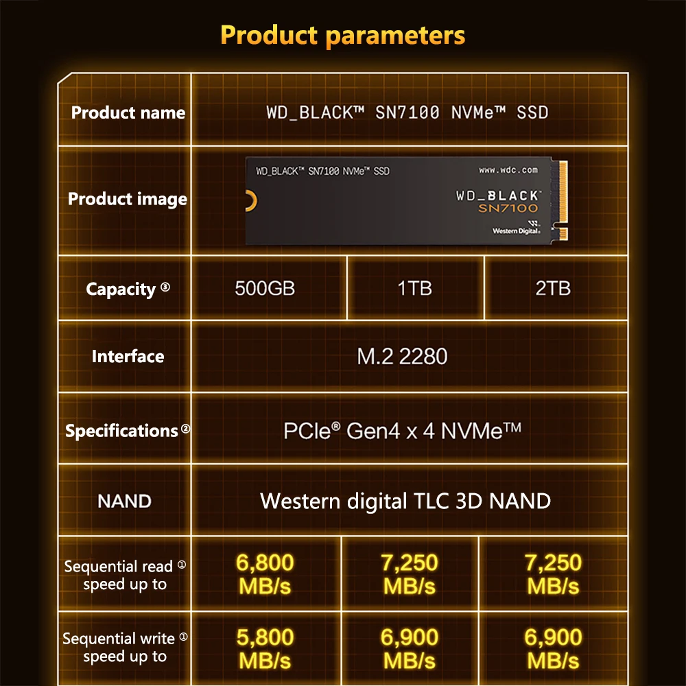 Western Digital SSD SN7100 1TB 2TB 4TB M.2 2280 NVMe Read Up to 7250MBs PCIe Gen 4.0x4 Solid State Drives for Computer PS5