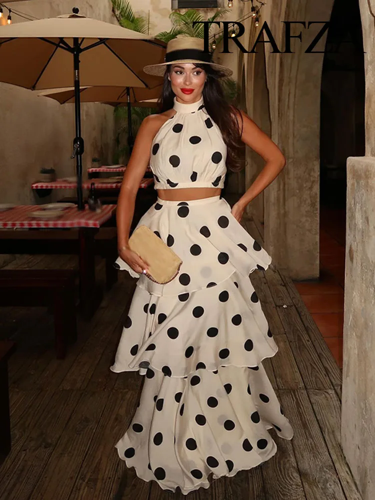 

TRAFZA Women's Summer Polka Dots Skirt Sets Sleeveless Zipper Short Tops+High Waist Long Skirts Female Elegant Fashion Suits