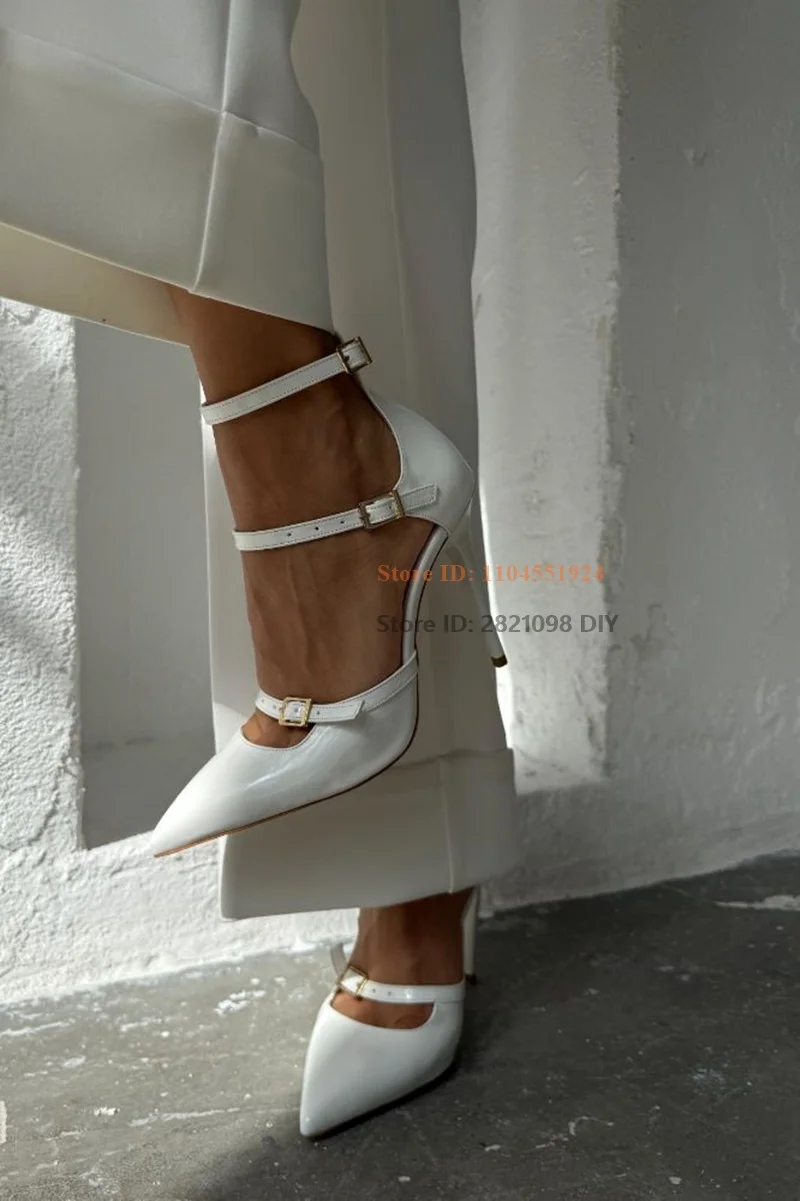 Patent Leather Women's Pumps Autumn Pointed Toe 3 Belt Buckle Straps Solid Fashion Shallow Mouth High Heels Dress Shoes