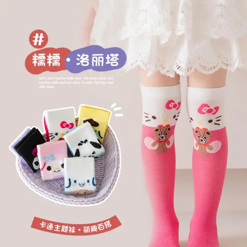 

Носки до середины икры для девочек Sanrio, весенне-летние сетчатые дышащие чулки, милые детские носки Kuromi до колена в Корейском стиле