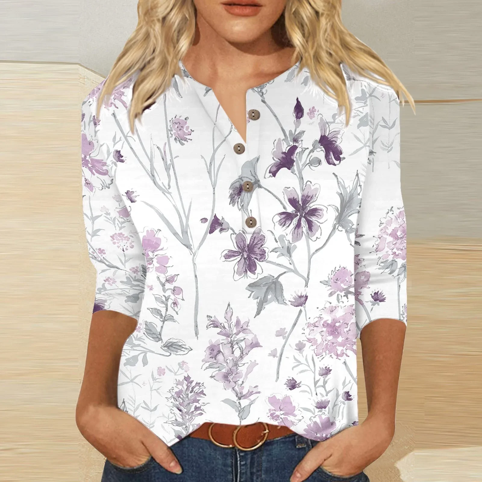 

Women French Style Gradient T Shirt New Floral Print Button 3/4 Sleeve T Shirt Oversized Tops Tunic Blouse For Women Top Mujer