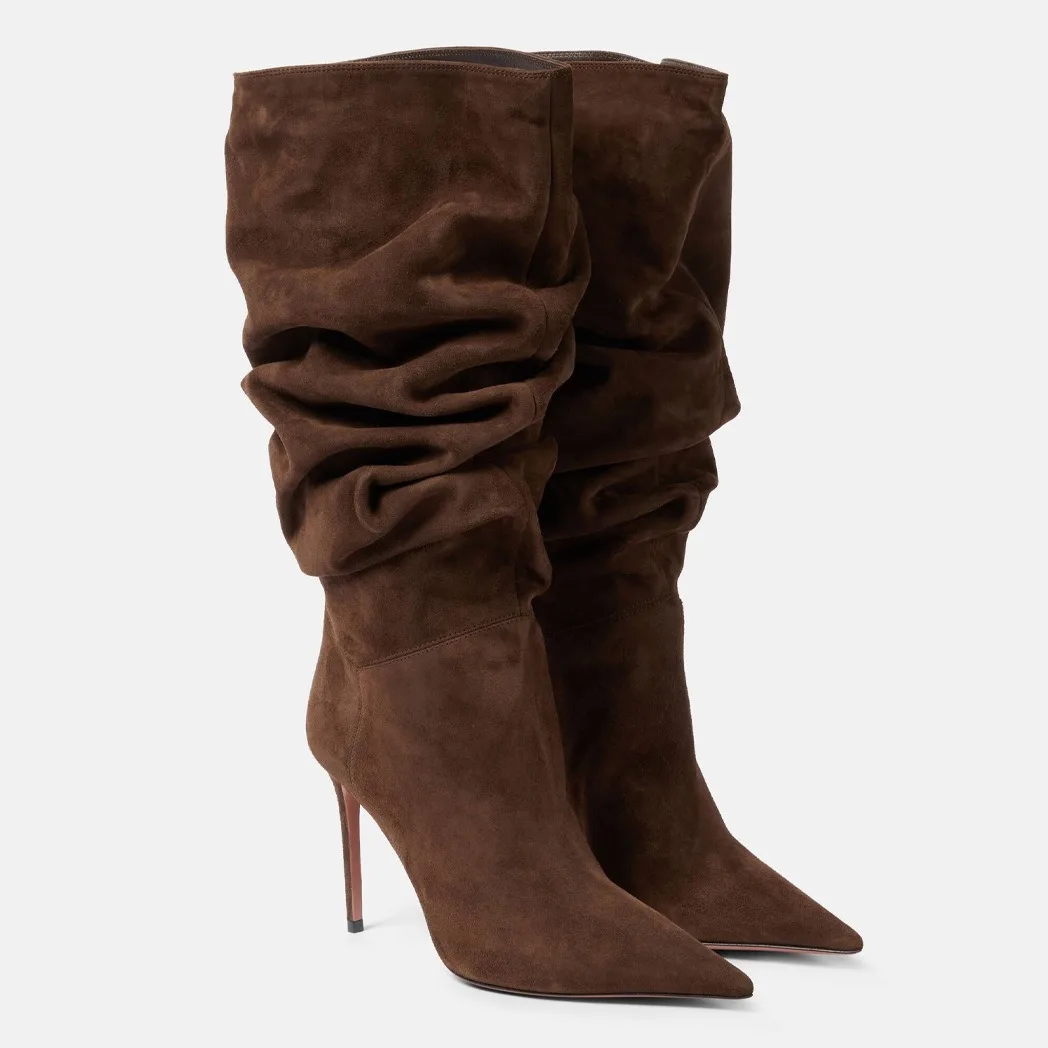 2025 Women\'s Autumn and Winter New Pleated High-heeled Short Boots with Pointed Sleeves, Women\'s 35-47 Large Mid Length Boots