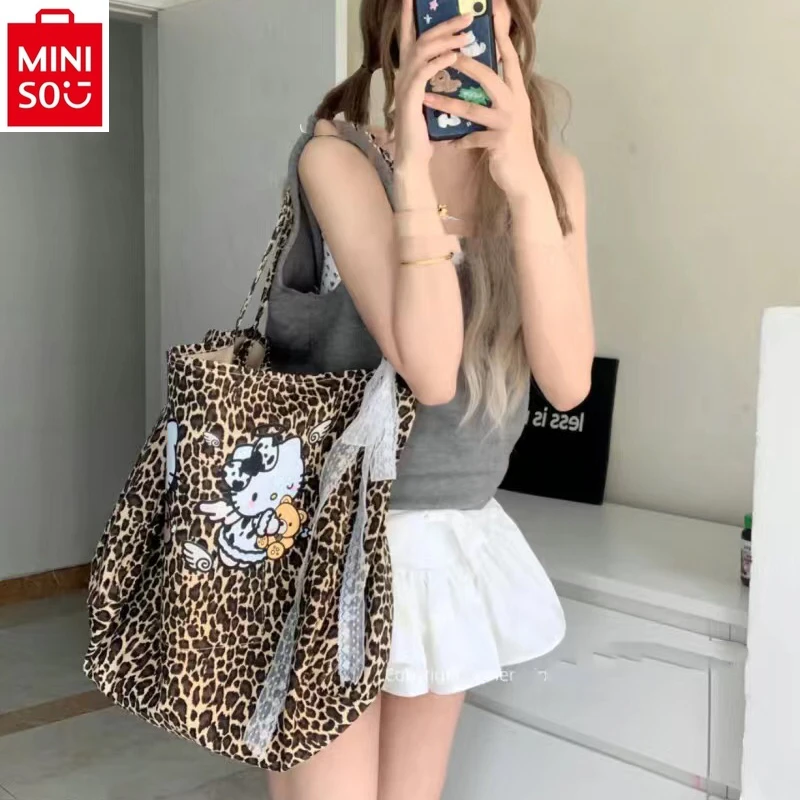 MINISO-sac à main rétro motif léopard Hello Kitty, sac fourre-tout de rangement multifonctionnel de grande capacité pour femmes, nouvelle collection 2024