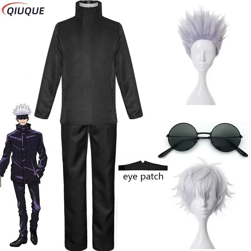 

110-3XL Black / Blue Gojo Satoru Cosplay Costume Eye Patch Wigs Glasses Anime Halloween Party Men Kids Uniforms