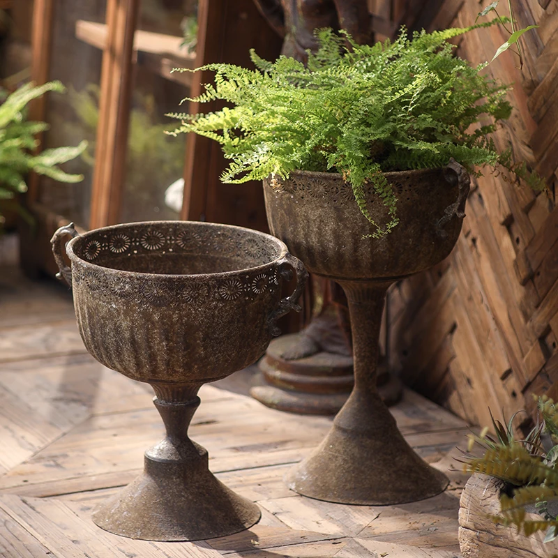 Victorian Estate Trophy Urn Planter, Tall Iron Pedestal Garden Vase, Antique French Conservatory Style, Rustic Outdoor & Indoor