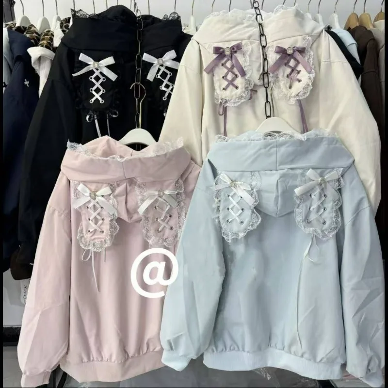 Spring Autumn New College Style Lace Rabbit Ears Hooded Jacket Women's Cute Age Reduction Baseball Jacket Cardigan Top Exquisite