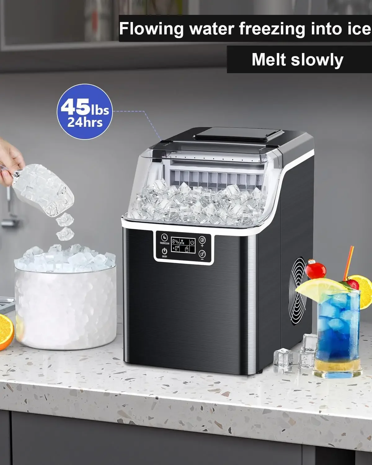 Self Cleaning Ice Maker for RV, Countertop 45lbs Ice Maker with 2-Ways Add, Ice Size Control and 24H Timer - Efficient Party Ice