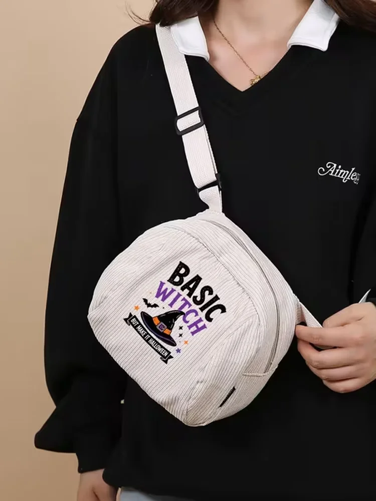 Basic Witch Halloween Corduroy Crossbody Bag Witch Hat Bat Print Women Casual Shoulder Sling Purse Multi Color Daily Handbag