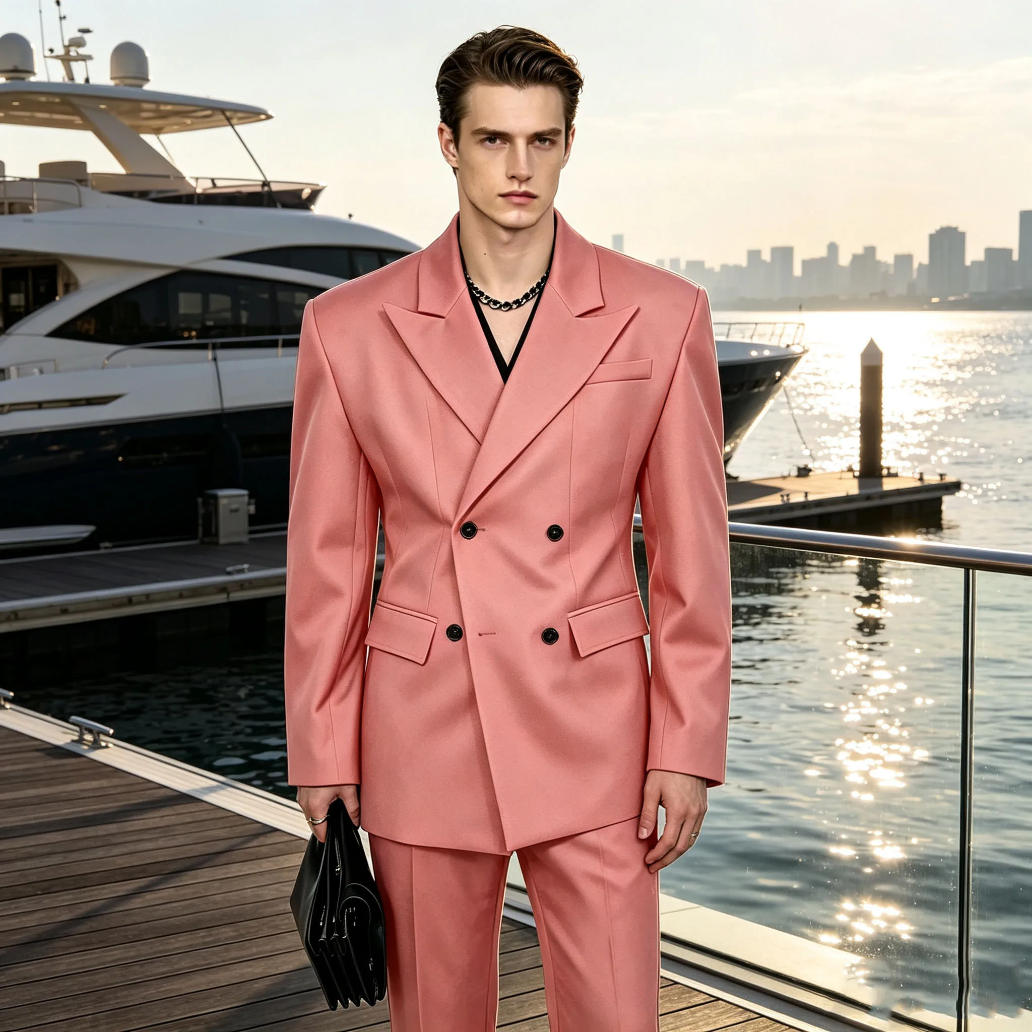 Men's Serge 2 Piece Suit Double Breasted Peak Lapel Oversized Shoulder Tuxedo Blazer Straight Leg Pants Fashion Set Wedding Part