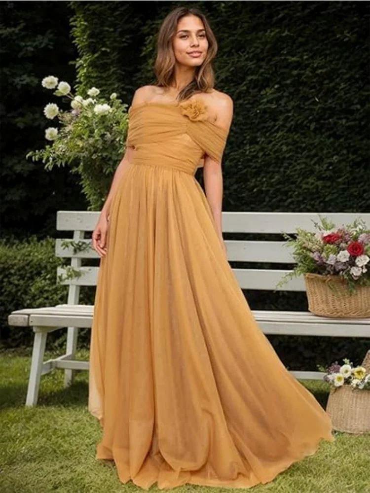 

Off Shoulder Tulle Prom Dresses for Women Long A Line Ball Gowns with 3D Flowers