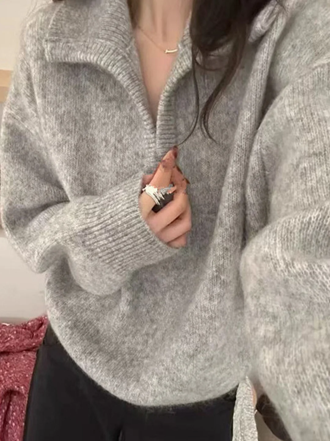 

ay V-Ne Knitted Sweater Women's Autumn Winter New Lazy High-End Feeling Outerwear Inner Matchings Long Sve Top