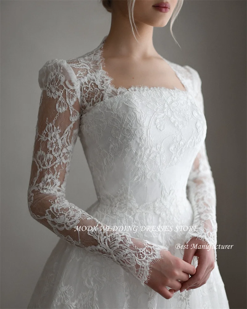 MODX Modest A Line Full Lace Wedding Dresses Long Sleeves Square Neck Sweep Train Dubai Arabic Bridal Gowns Robe de mariage