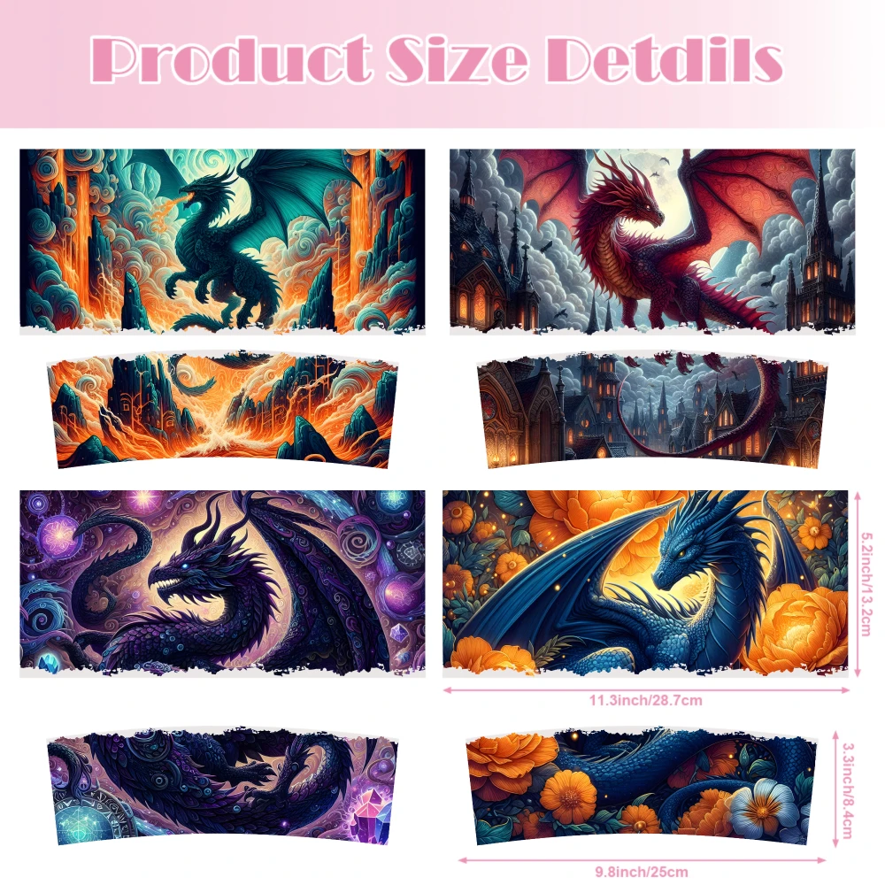 4 Sheets Dragon Fantasy Art UV DTF Stickers for 40oz Tumblers UV DTF Adhesive Waterproof DIY Cup And Mug Transfer Appliques