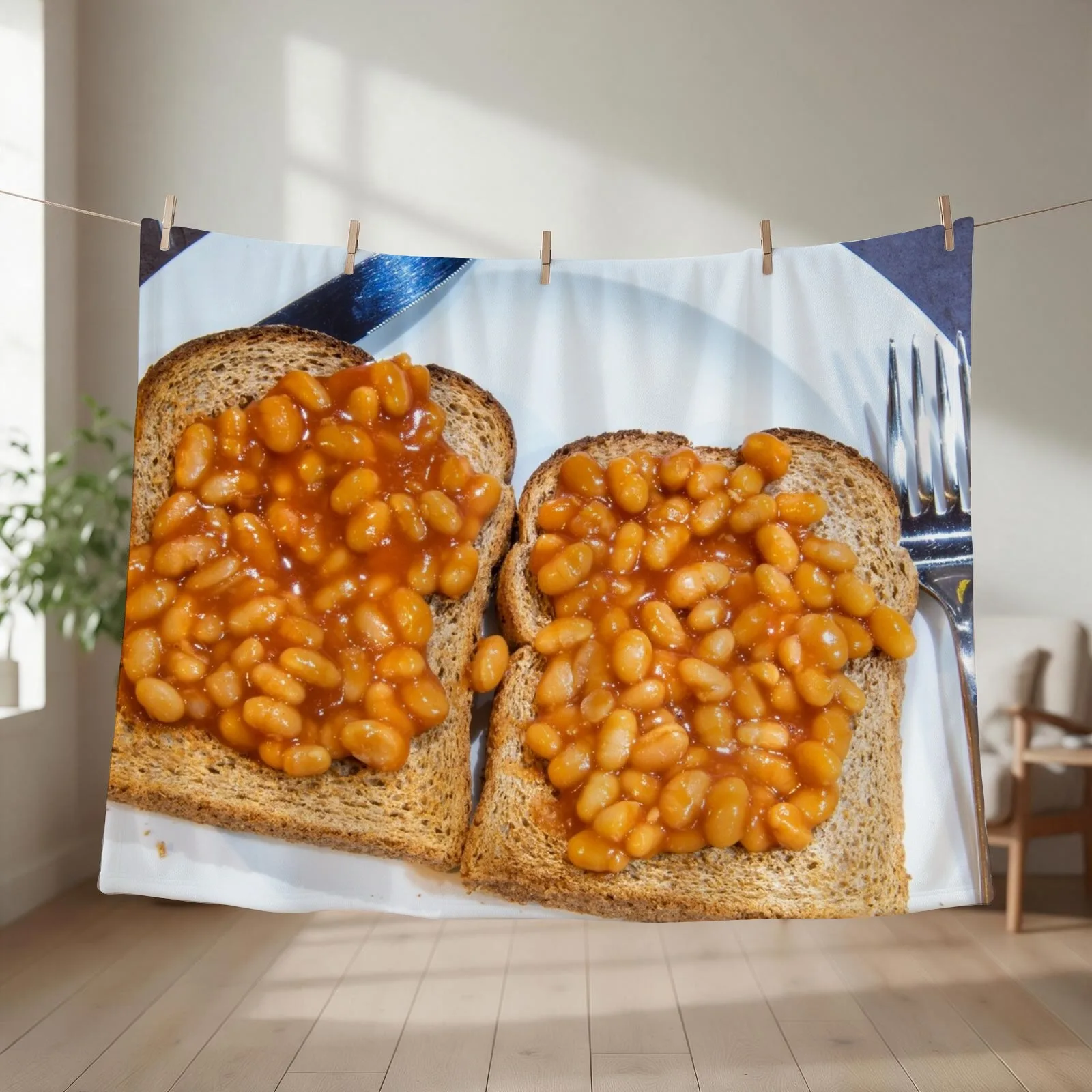 Baked beans on toast on white plate Throw Blanket Travel Plaid on the sofa Designers Plush Blankets