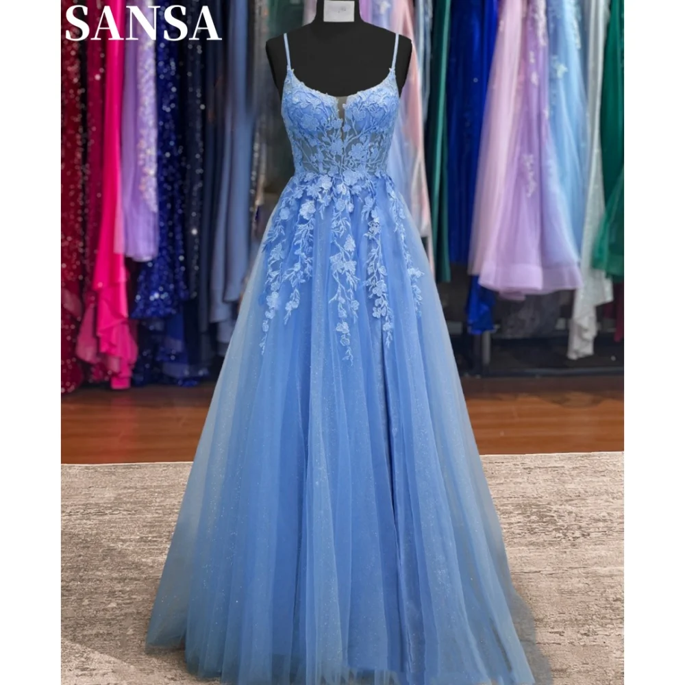 

Sansa Gorgous Blue A-line Lace Evening Dress Floor-Length Embroidery Strapless Wedding Dress Spaghetti Strap vestidos de fiesta