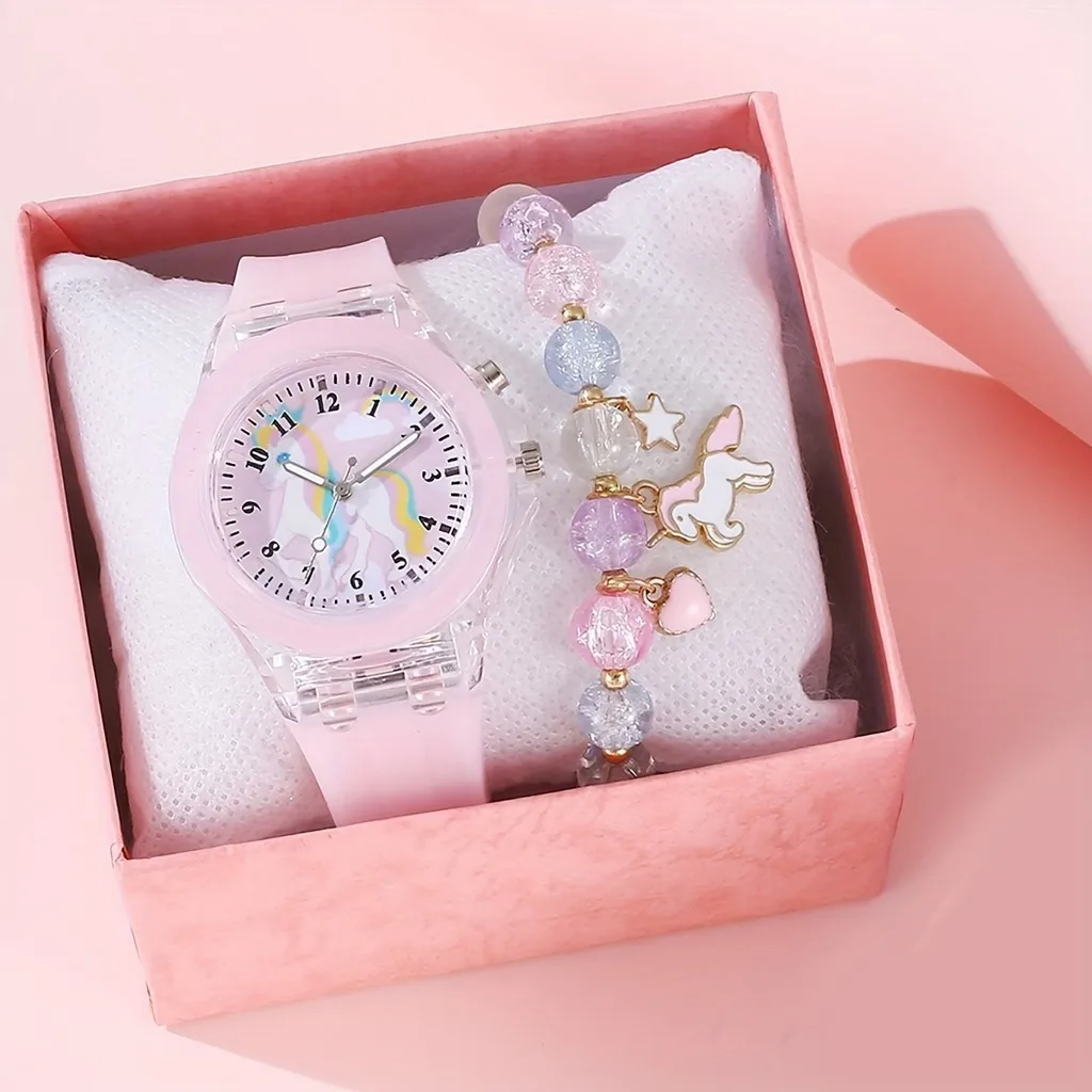 【Watch+Bracelet】Girls Light Luminous Cartoon Unicorn Quartz Wristwatch with Beaded Bracelet Ideal Choice for Gifts