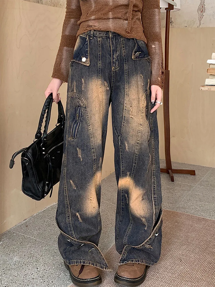 Pantaloni a gamba larga con bottoni larghi Streetwear retrò americani pantaloni a vita alta strappati a tutta lunghezza stile coreano High Street BF