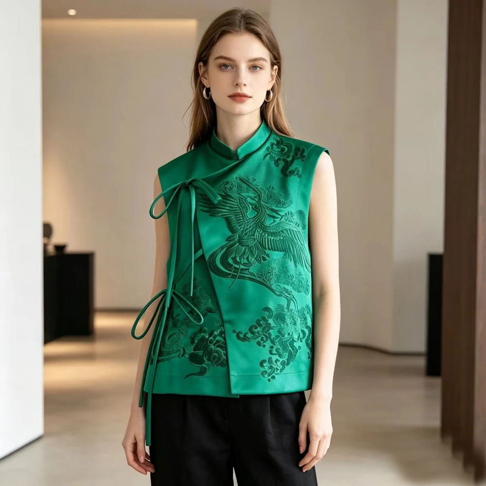 

Винтажная Блузка-жилет в китайском стиле, Женский костюм Тан, одежда с вышивкой журавлей, Классическая Женская повседневная одежда с воротником-стойкой