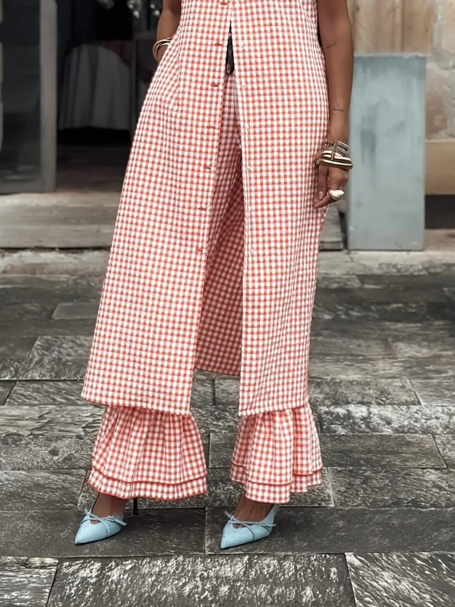 wsevypo Fashion Tiered Ruffled Legs Full Length Pull-On Trousers Women's Bow Elastic Waistband Plaid Flared Pants Streetwear