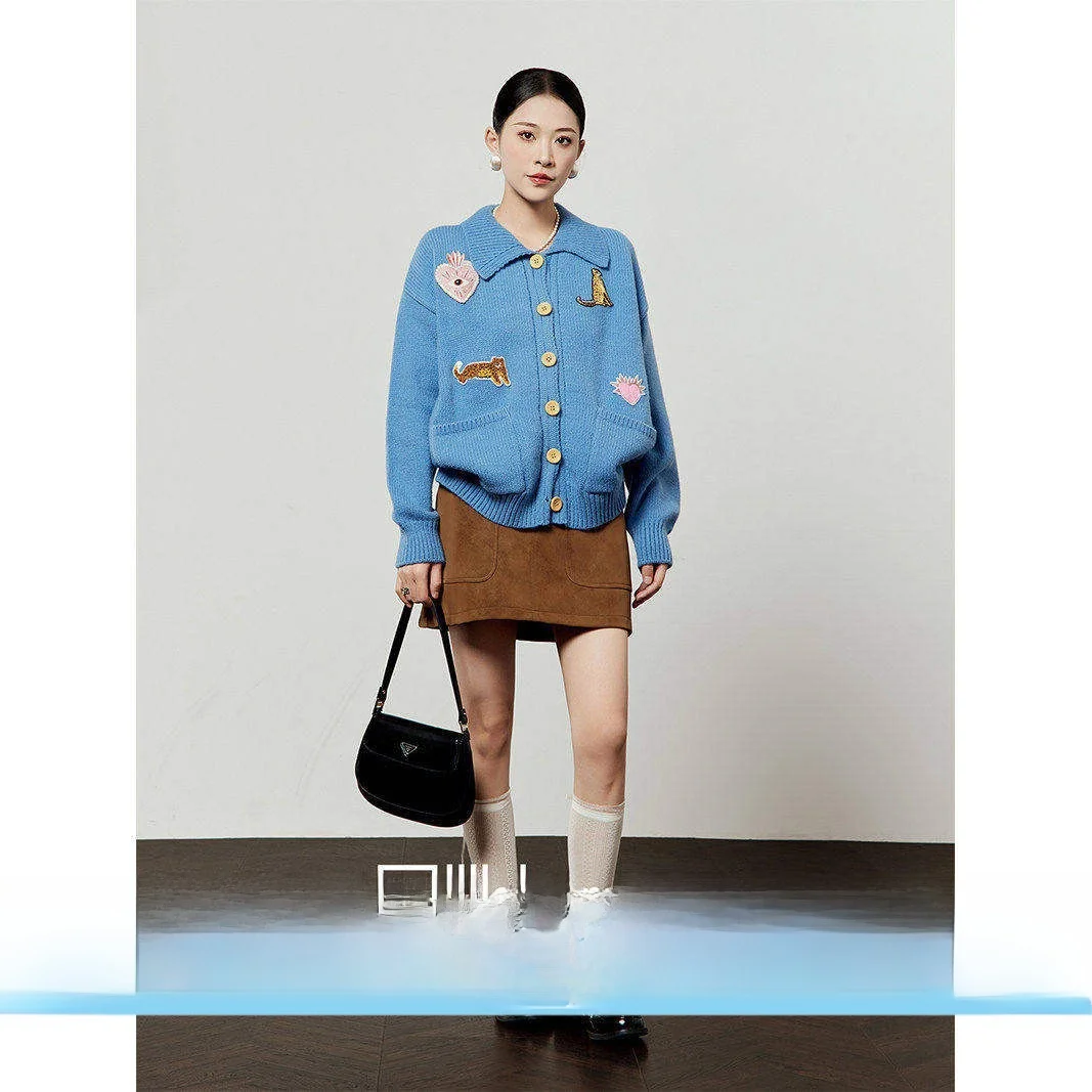 

Blue Embroidered Knit Sweater Collared Cardigan Women's Faion Commute Sle Regular Fit Long Sve Warmth Providing Outerwear