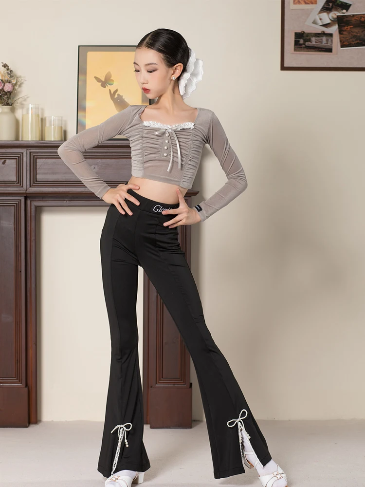 2025 Latin Dansvoorstelling Kostuums Voor Meisjes Lange Mouwen Parel Micro Trompet Broek Pak Kinderen Chacha Latin Dans Slijtage XH3837