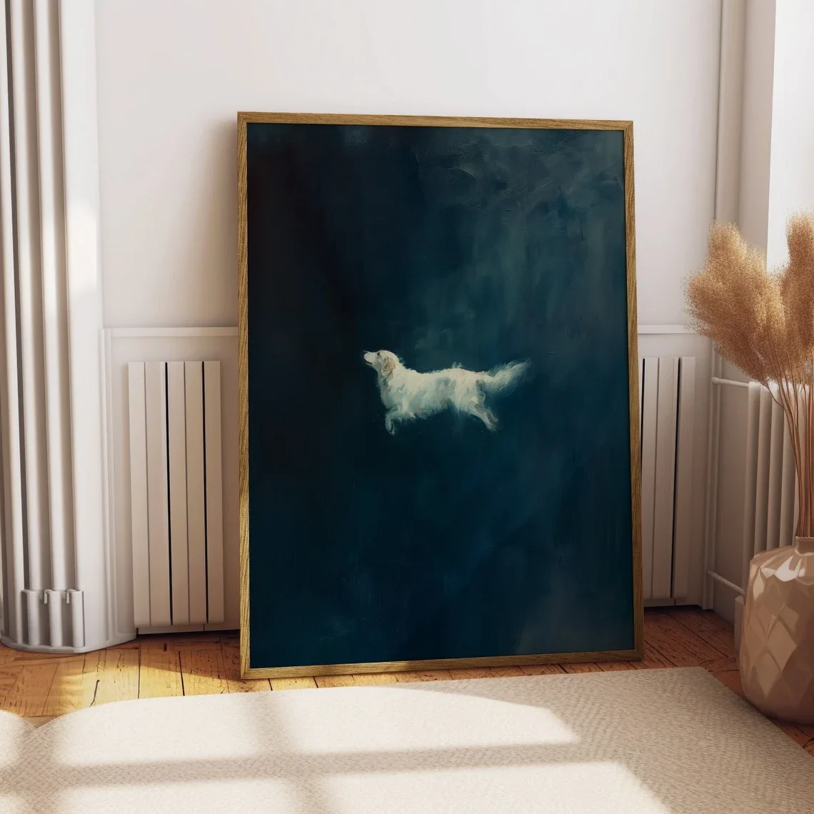 Vintage Dark Blue Golden Retriever Print Abstract Dog Wall Art Poster Minimalist Wall Decor Moody Wall Art Illustration